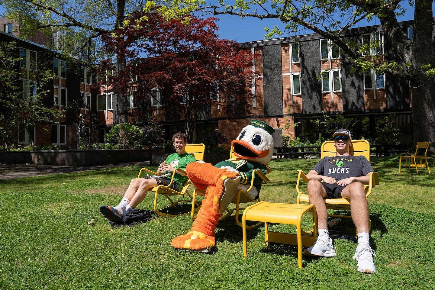 Two students and the UO Duck mascot in lawn chairs outside a dorm