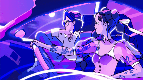 gif of two people in a car with breeze blowing their hair, drawn in anime style in pinks and purples