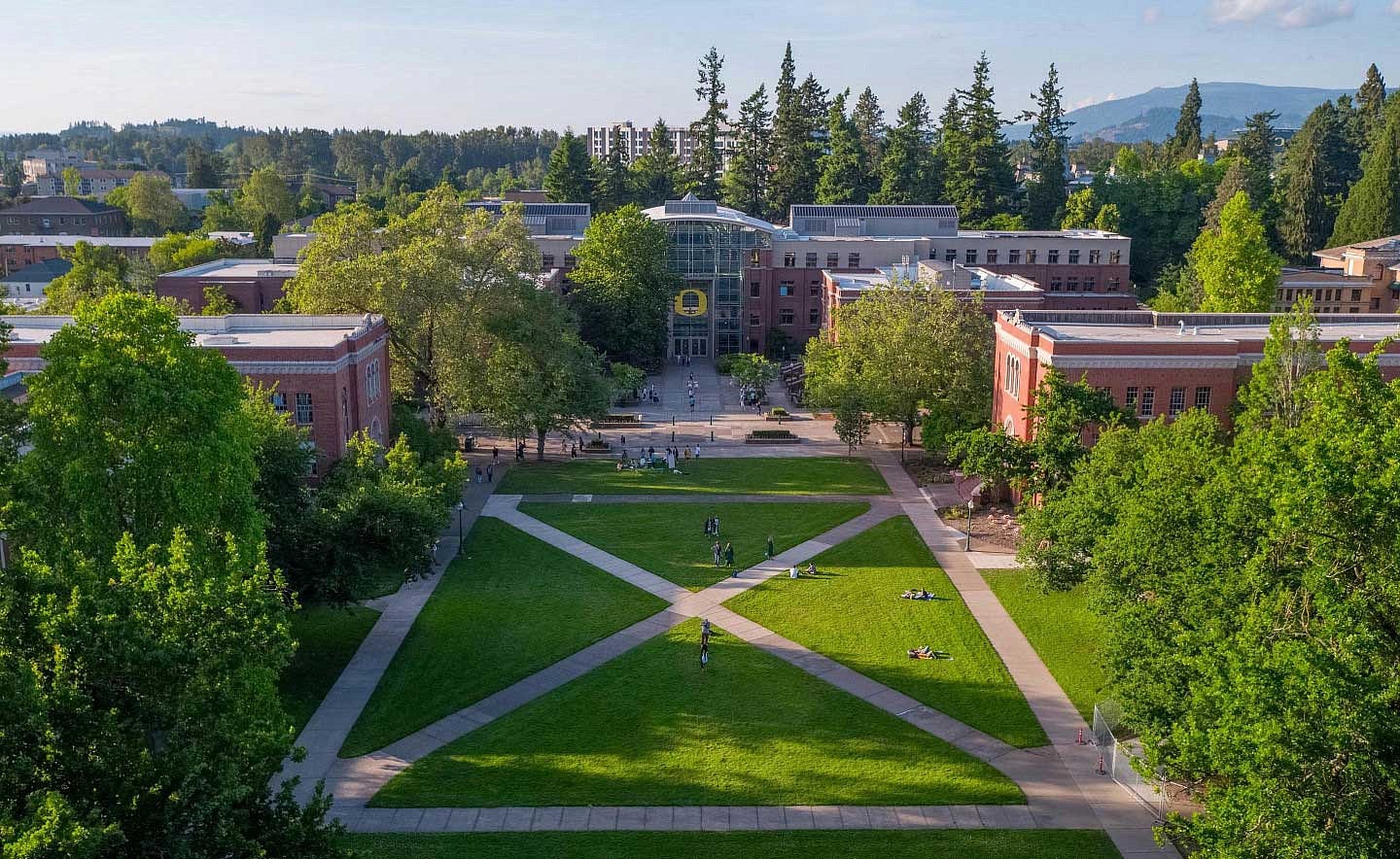 Aeriel view of a campus lawn with crossing walkways.