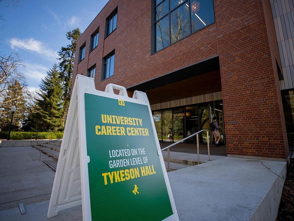 sign reading "University Career Center located on the garden level of Tykeson Hall"