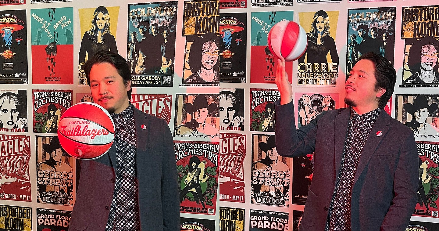 collage of two photos of ryan horiuchi standing in front of a concert poster wall, spinning a basketball and palming it towards the camera, with trailblazers pin on sport jacket