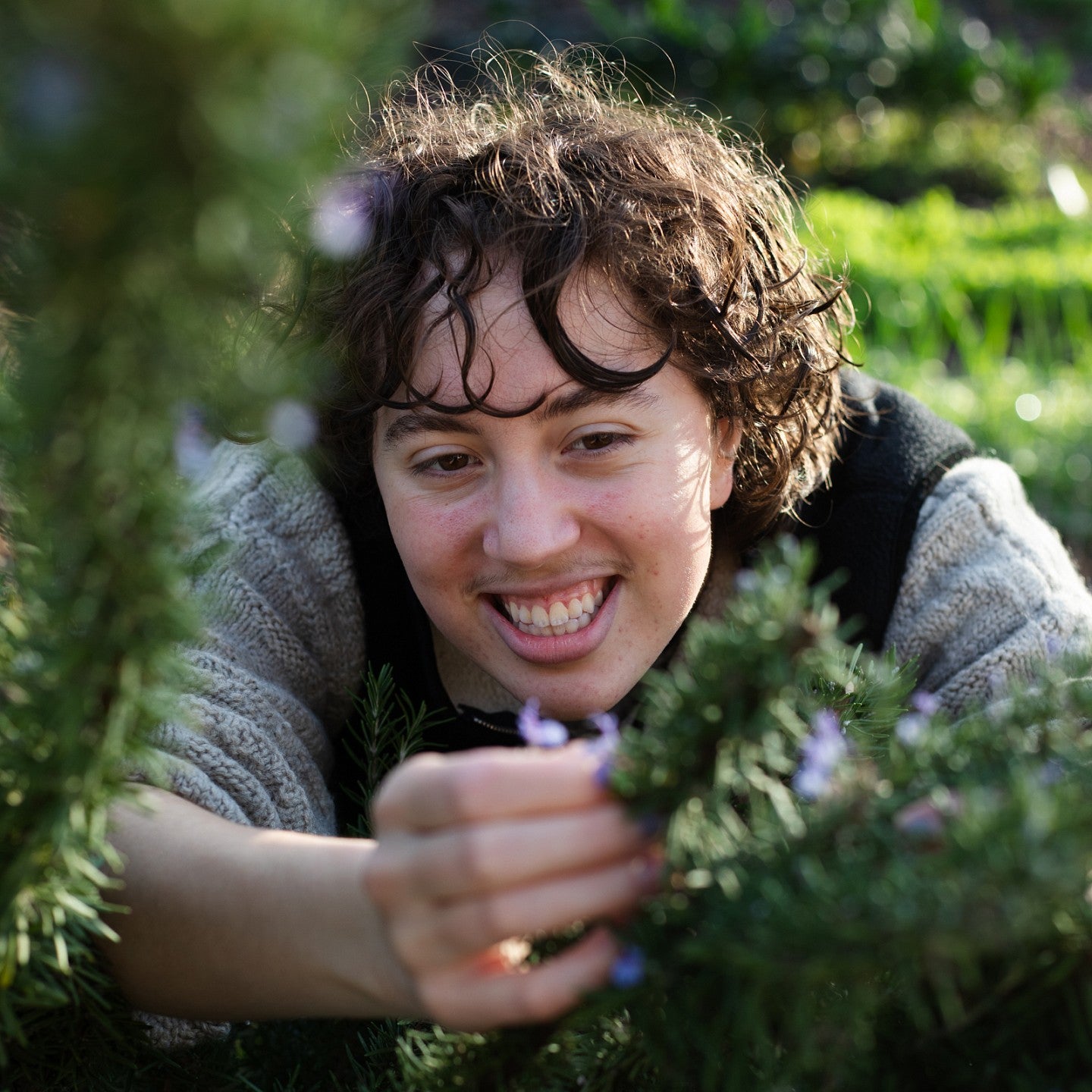 student teddy clayton smiles as he touches purple flowers on a rosemary bush at the Urban Farm