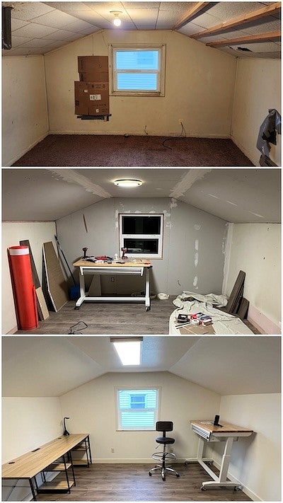 a before, during and after photo of an attic being renovated into an art studio space. 