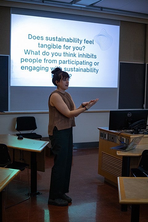 sadie creemer giving a powerpoint with a slide asking "does sustainability feel tangible to you?"
