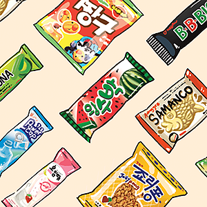 a graphic illustration of asian snack packages with colorful wrappers and korean characters