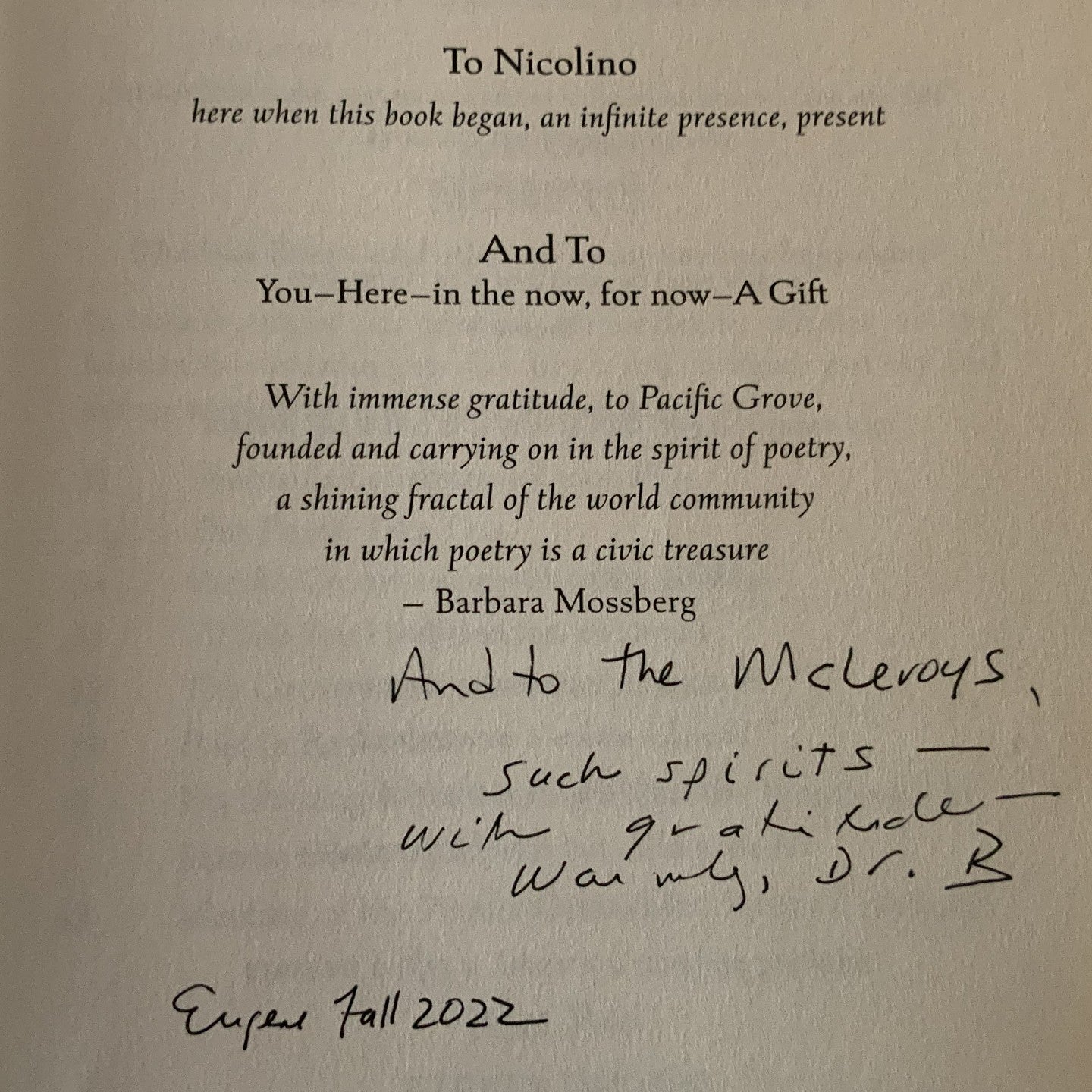 photo of a book dedication page with a handwritten inscription reading "and to the McLeroys-Such spirits-with gratitude, warmly, Dr. B."