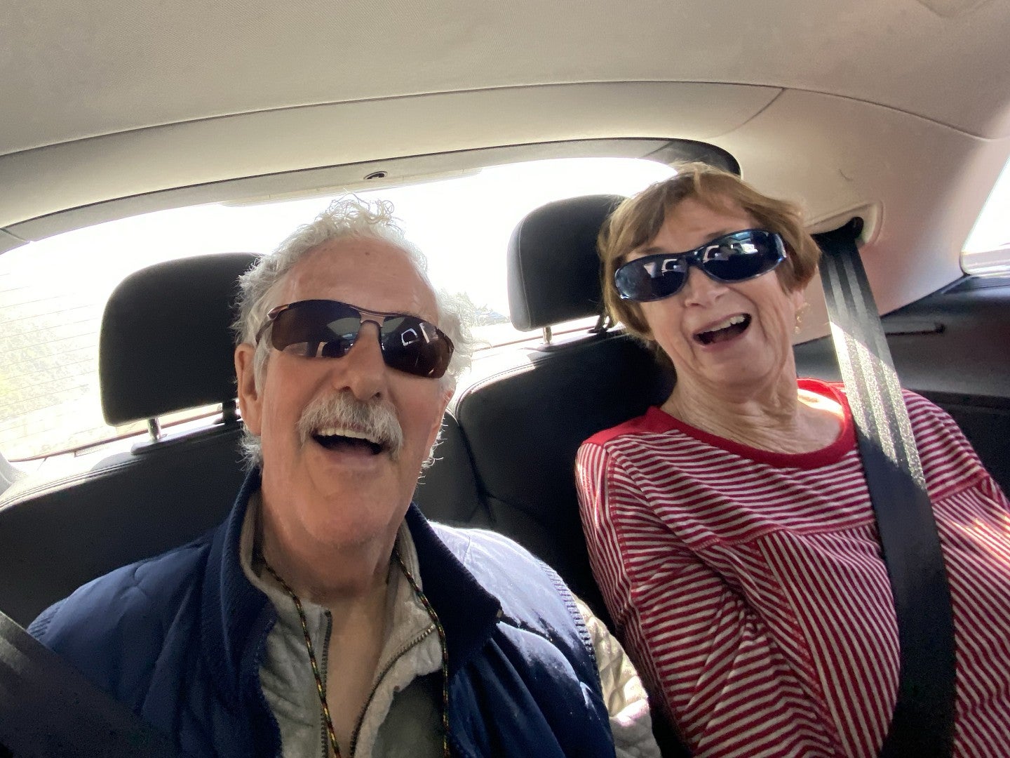 grandparents taking a selfie with sunglasses on in the backseat of a car