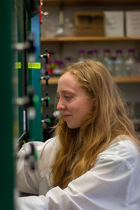 student in lab working under chemical hood