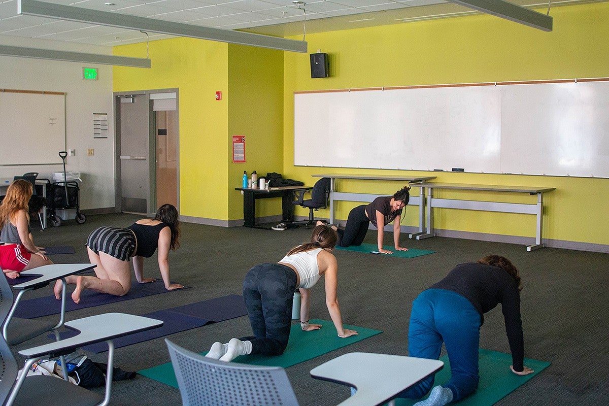 person teaching yoga in front of classroom with five students