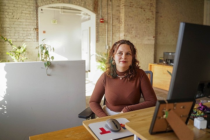 nika bartoo-smith sits at her desk in the portland office of underscore native news