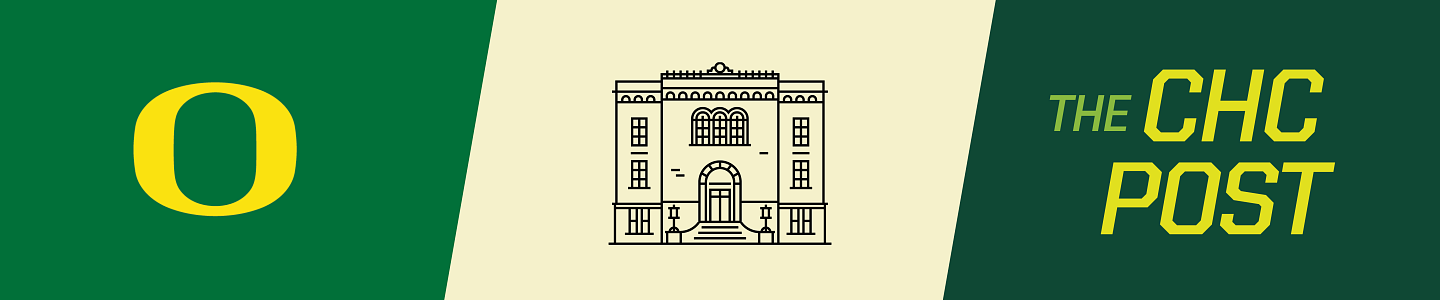 a banner with the O logo, a line drawing of chapman hall and the words "the CHC Post"