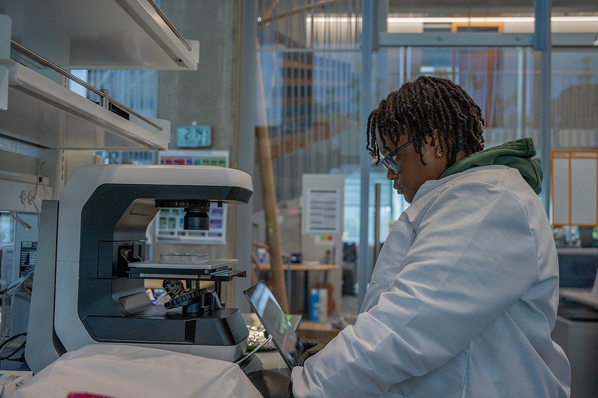 student at lab bench
