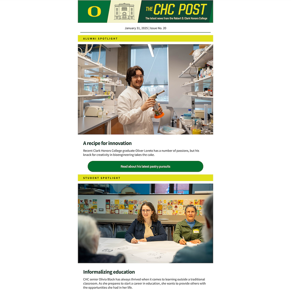 screenshot of an email with a student in a white coat in lab