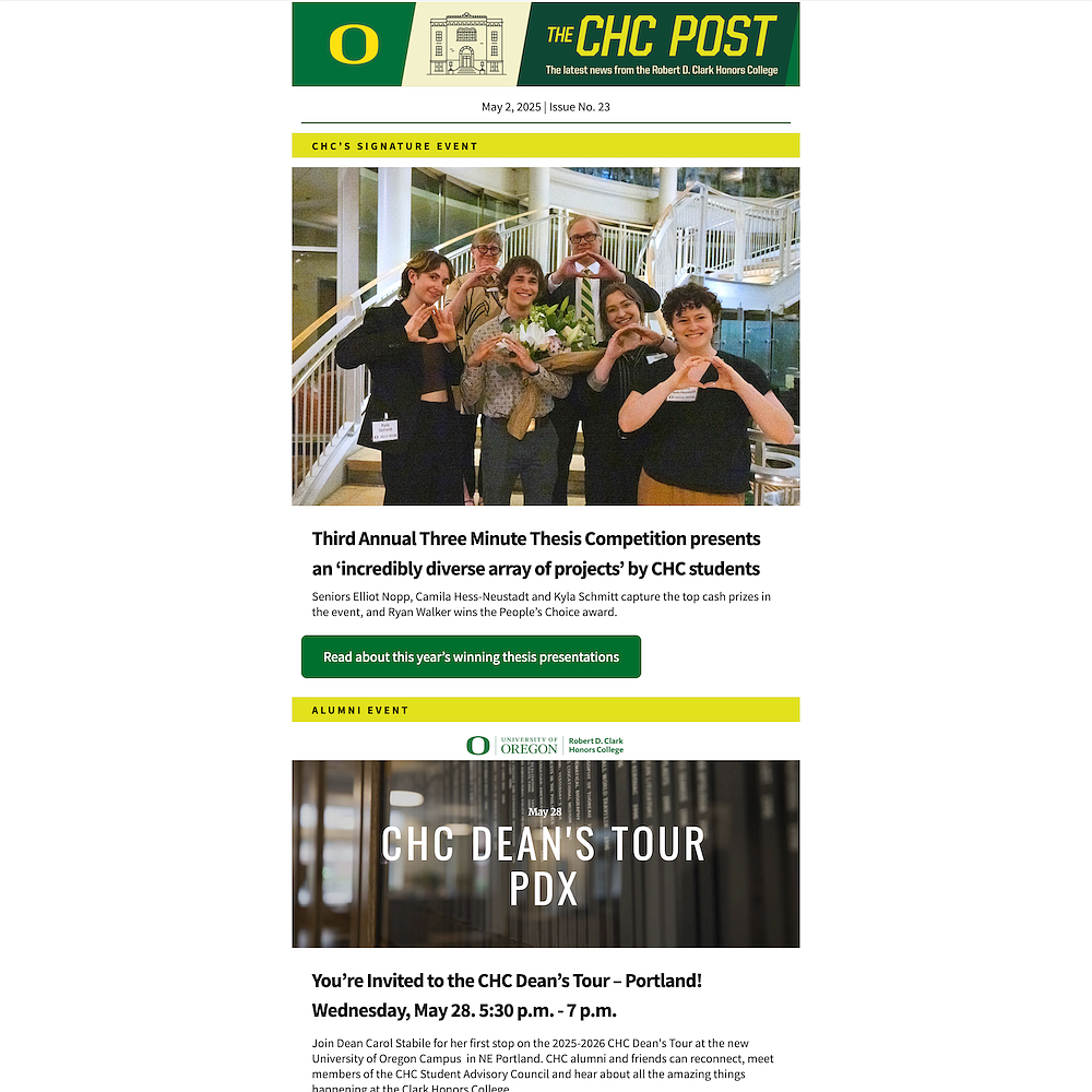 screenshot of an email newsletter showing a group of students and faculty throwing the O at an event