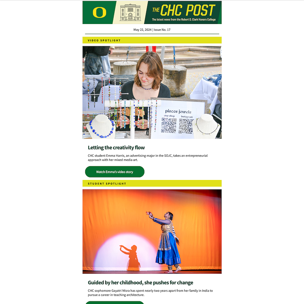 screenshot of a newsletter with a person selling jewelry