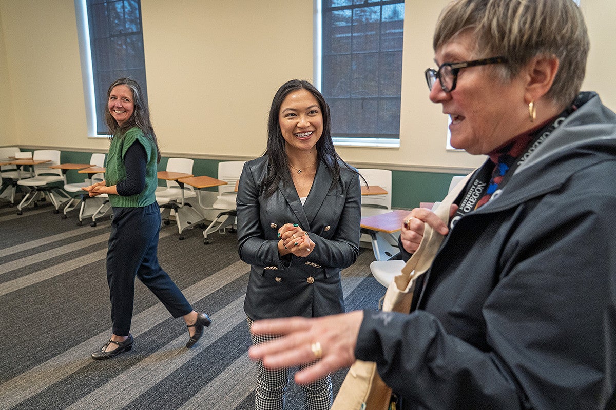 lorie acio in chapman hall classroom with nicole dahmen and carol stabile
