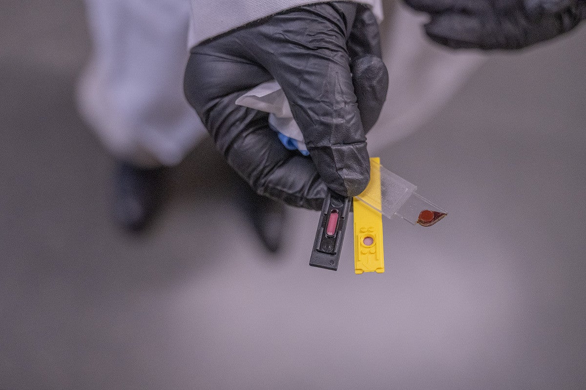 gloved hands holding samples of blood in plastic test devices
