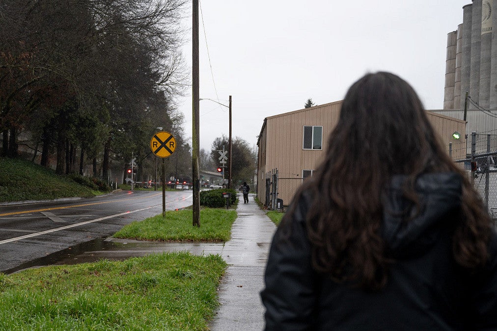 viewed from behind, a person walking down a rainy city sidewalk across from a park, approaching a railroad crossing