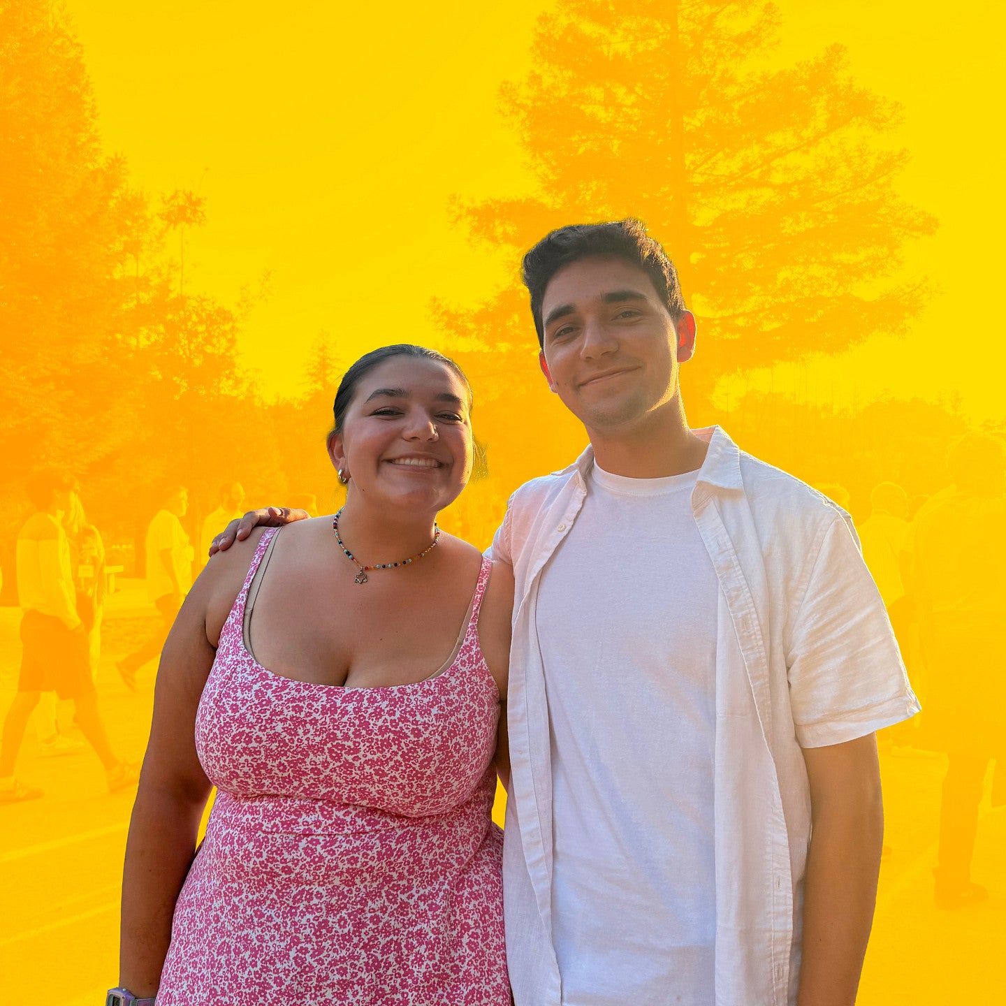 twin siblings posing arm in arm against a yellow and orange duotone background with a tree and people walking