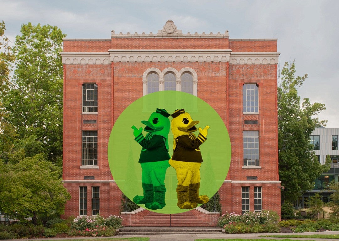 chapman hall with a graphic of the Duck as a mirror image, one yellow and one green