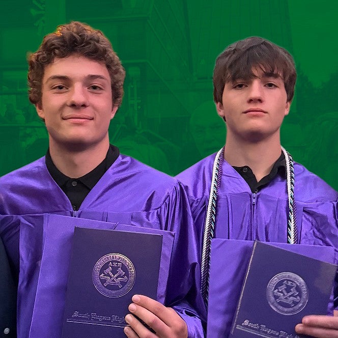 twin brothers posing with diplomas in purple graduation regalia with green duotone background of large building, the hult center in Eugene