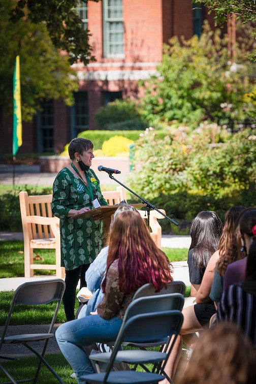 Interim Dean Carol Stabile addresses the class of 2025. 