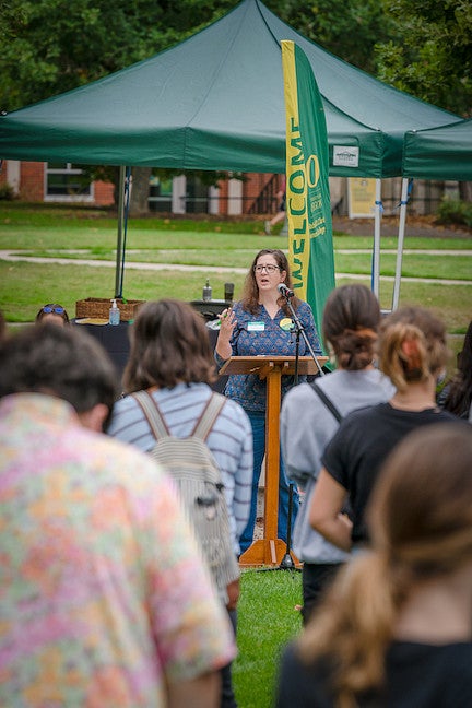 Associate Dean Daphne Gallagher welcomes the class of 2024 to campus. 