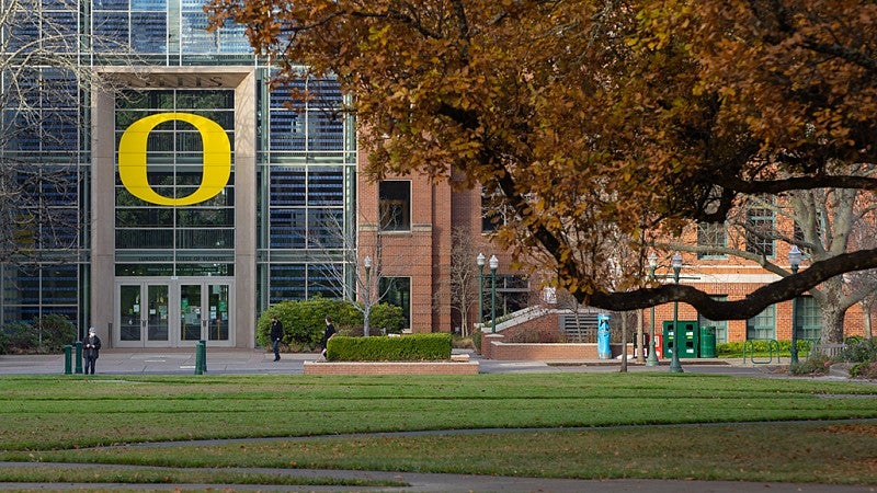 view of the lillis business complex from the memorial quad with large beech tree in foreground