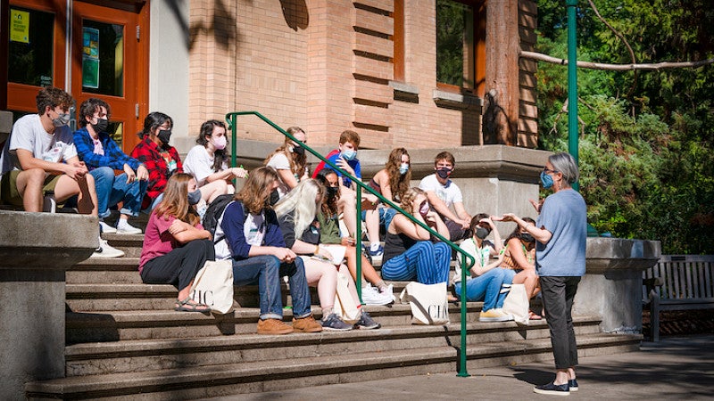 Art history professor Kate Mondloch leads an info group at New Student orientation at CHC. 