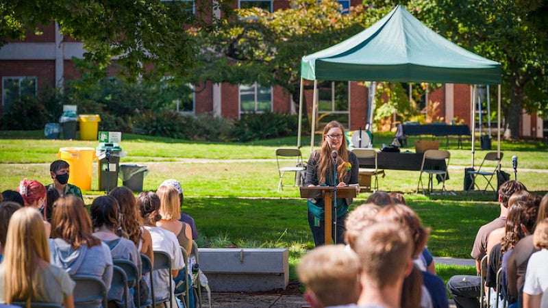 Associate Dean Elizabeth Raisanen addresses the newest CHC first-year cohort. 