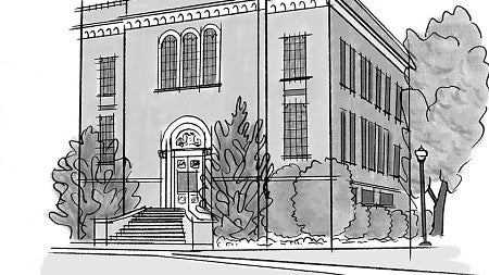 An archetectural line drawing of the west entrance of Chapman Hall