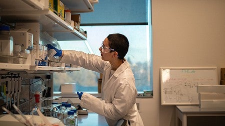 wstudent waverly wilson reaching onto a shelf in a lab setting wearing coat and goggles