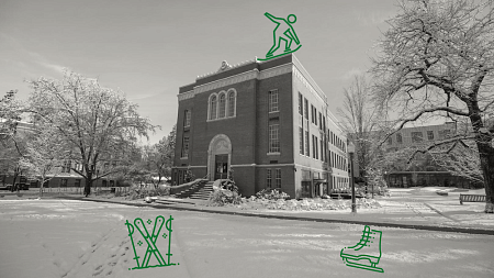 chapman hall in snow with illustrated snowboarder, skis and ice skate