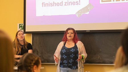student presenting in classroom