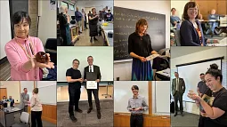 a collage of eight photos showing faculty members being surprised in class with distinguished teaching awards