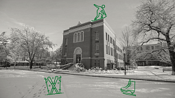 chapman hall in snow with illustrated snowboarder, skis and ice skate