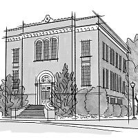 An archetectural line drawing of the west entrance of Chapman Hall