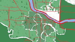 illustration of housing over a road map of the Eugene area