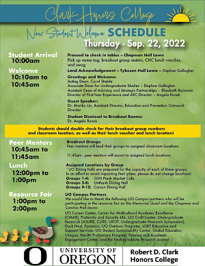 Image of schedule for New Student Welcome, Thursday, September 22, 2022