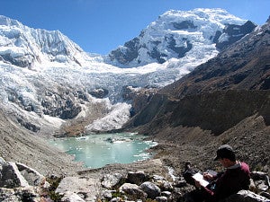 Mark Carey conducting research at Lake Palcacocha, Cordillera Blanca, Peru