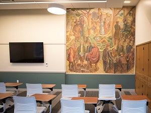 Second floor classroom with mural