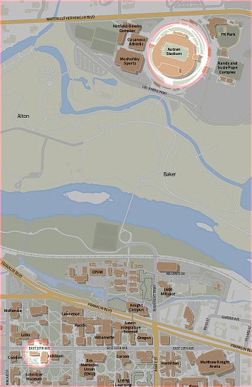 Map showing the distance between Chapman Hall and Autzen Stadium