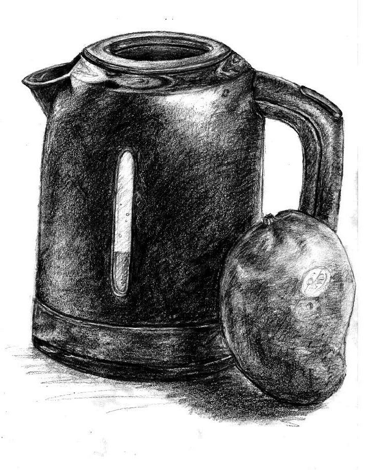 Still Life, Kettle and Mango, drawing by Roxanne McKee