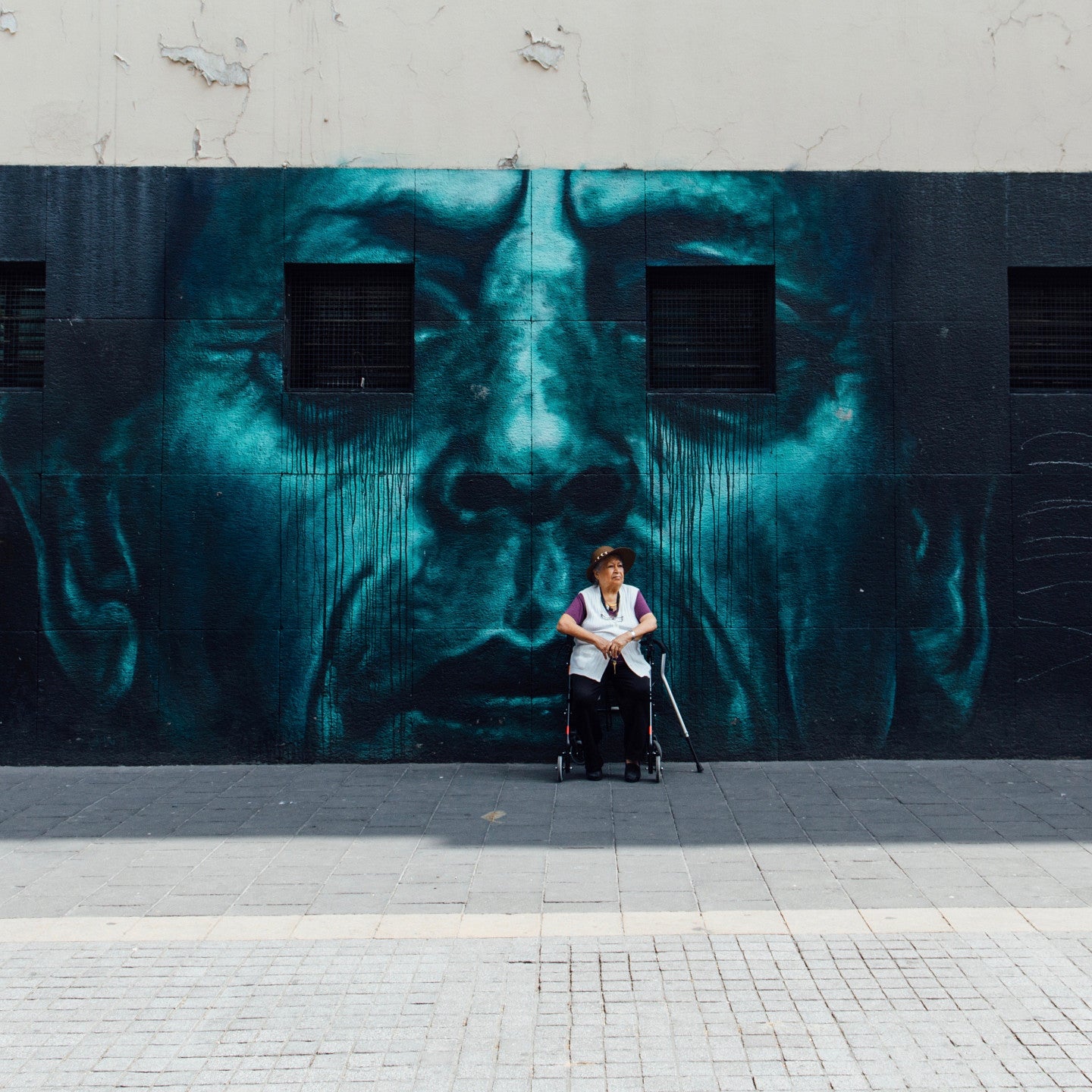 A mural that uses the windows of a building as the eyes of the subject