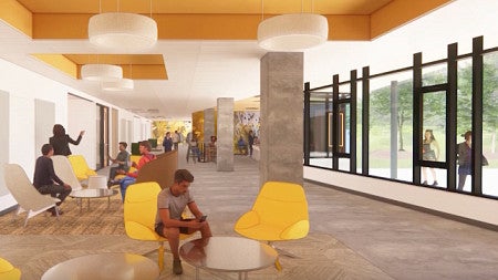 Architectural rendering of a corridor lounge.