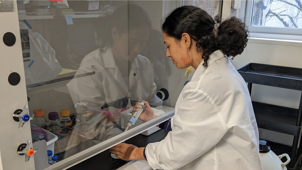 Nayantara Aroura mixes chemicals underneath a chemical hood